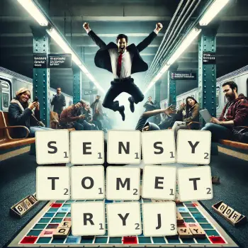 Kreatywna ilustracja do gry w Scrabble ze słowem SENSYTOMETRYJ ułożonym z płytek na planszy.