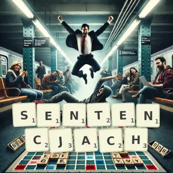 Kreatywna ilustracja do gry w Scrabble ze słowem SENTENCJACH ułożonym z płytek na planszy.