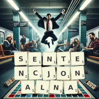 Kreatywna ilustracja do gry w Scrabble ze słowem SENTENCJONALNA ułożonym z płytek na planszy.