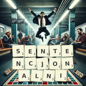 Kreatywna ilustracja do gry w Scrabble ze słowem SENTENCJONALNI ułożonym z płytek na planszy.