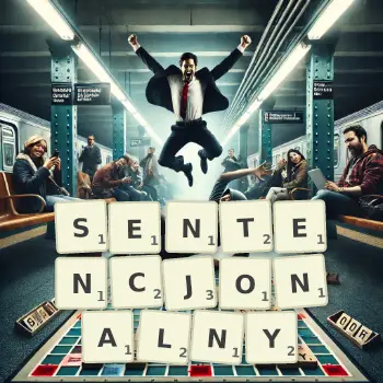 Kreatywna ilustracja do gry w Scrabble ze słowem SENTENCJONALNY ułożonym z płytek na planszy.