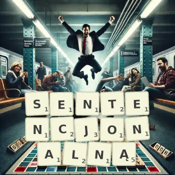 Kreatywna ilustracja do gry w Scrabble ze słowem SENTENCJONALNĄ ułożonym z płytek na planszy.