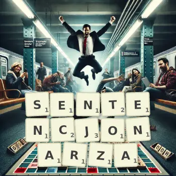 Kreatywna ilustracja do gry w Scrabble ze słowem SENTENCJONARZA ułożonym z płytek na planszy.