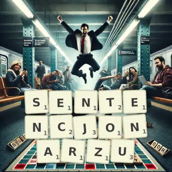 Kreatywna ilustracja do gry w Scrabble ze słowem SENTENCJONARZU ułożonym z płytek na planszy.