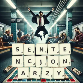 Kreatywna ilustracja do gry w Scrabble ze słowem SENTENCJONARZY ułożonym z płytek na planszy.