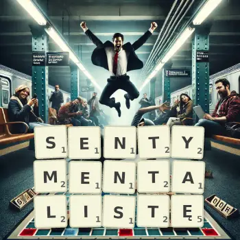 Kreatywna ilustracja do gry w Scrabble ze słowem SENTYMENTALISTĘ ułożonym z płytek na planszy.