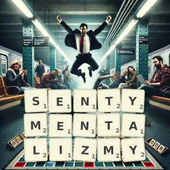 Kreatywna ilustracja do gry w Scrabble ze słowem SENTYMENTALIZMY ułożonym z płytek na planszy.