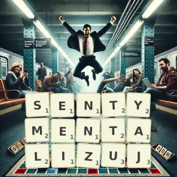Kreatywna ilustracja do gry w Scrabble ze słowem SENTYMENTALIZUJ ułożonym z płytek na planszy.