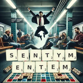 Kreatywna ilustracja do gry w Scrabble ze słowem SENTYMENTEM ułożonym z płytek na planszy.