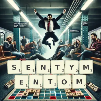 Kreatywna ilustracja do gry w Scrabble ze słowem SENTYMENTOM ułożonym z płytek na planszy.