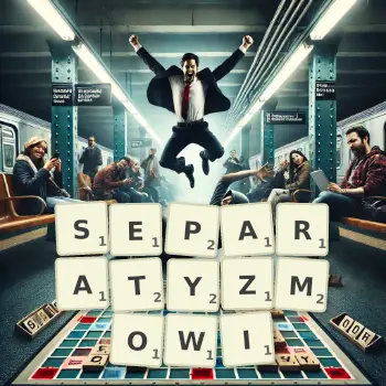 Kreatywna ilustracja do gry w Scrabble ze słowem SEPARATYZMOWI ułożonym z płytek na planszy.