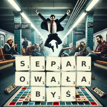 Kreatywna ilustracja do gry w Scrabble ze słowem SEPAROWAŁABYŚ ułożonym z płytek na planszy.