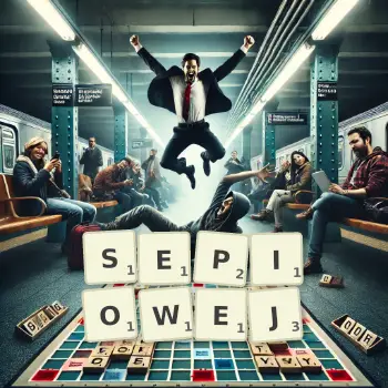 Kreatywna ilustracja do gry w Scrabble ze słowem SEPIOWEJ ułożonym z płytek na planszy.