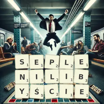 Kreatywna ilustracja do gry w Scrabble ze słowem SEPLENILIBYŚCIE ułożonym z płytek na planszy.