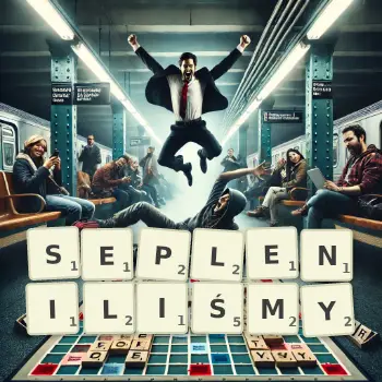 Kreatywna ilustracja do gry w Scrabble ze słowem SEPLENILIŚMY ułożonym z płytek na planszy.