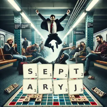 Kreatywna ilustracja do gry w Scrabble ze słowem SEPTARYJ ułożonym z płytek na planszy.