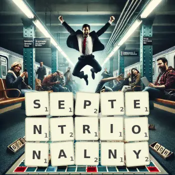 Kreatywna ilustracja do gry w Scrabble ze słowem SEPTENTRIONALNY ułożonym z płytek na planszy.