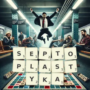 Kreatywna ilustracja do gry w Scrabble ze słowem SEPTOPLASTYKA ułożonym z płytek na planszy.