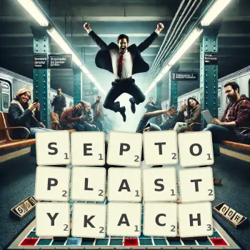 Kreatywna ilustracja do gry w Scrabble ze słowem SEPTOPLASTYKACH ułożonym z płytek na planszy.