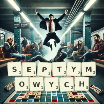 Kreatywna ilustracja do gry w Scrabble ze słowem SEPTYMOWYCH ułożonym z płytek na planszy.