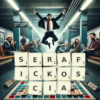 Kreatywna ilustracja do gry w Scrabble ze słowem SERAFICKOSCIA ułożonym z płytek na planszy.