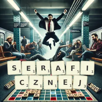 Kreatywna ilustracja do gry w Scrabble ze słowem SERAFICZNEJ ułożonym z płytek na planszy.
