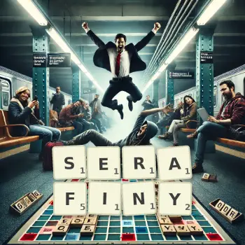 Kreatywna ilustracja do gry w Scrabble ze słowem SERAFINY ułożonym z płytek na planszy.