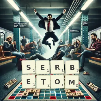 Kreatywna ilustracja do gry w Scrabble ze słowem SERBETOM ułożonym z płytek na planszy.