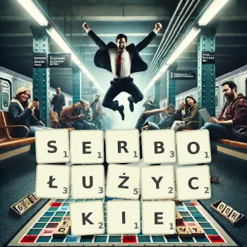 Kreatywna ilustracja do gry w Scrabble ze słowem SERBOŁUŻYCKIE ułożonym z płytek na planszy.