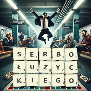 Kreatywna ilustracja do gry w Scrabble ze słowem SERBOŁUŻYCKIEGO ułożonym z płytek na planszy.