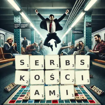 Kreatywna ilustracja do gry w Scrabble ze słowem SERBSKOŚCIAMI ułożonym z płytek na planszy.