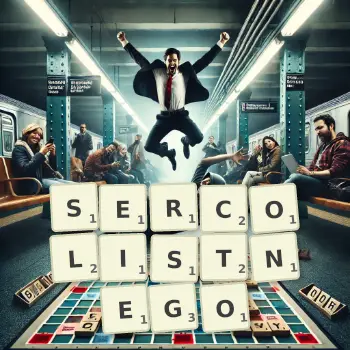 Kreatywna ilustracja do gry w Scrabble ze słowem SERCOLISTNEGO ułożonym z płytek na planszy.