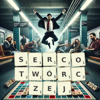 Kreatywna ilustracja do gry w Scrabble ze słowem SERCOTWÓRCZEJ ułożonym z płytek na planszy.
