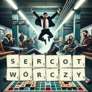 Kreatywna ilustracja do gry w Scrabble ze słowem SERCOTWÓRCZY ułożonym z płytek na planszy.