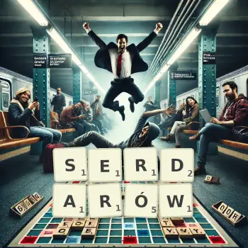 Kreatywna ilustracja do gry w Scrabble ze słowem SERDARÓW ułożonym z płytek na planszy.