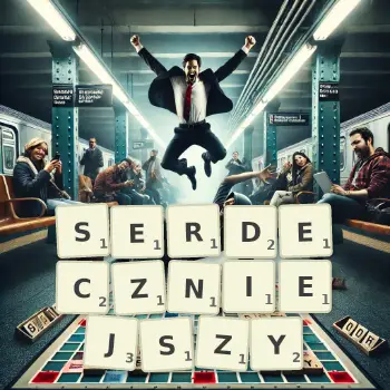 Kreatywna ilustracja do gry w Scrabble ze słowem SERDECZNIEJSZY ułożonym z płytek na planszy.