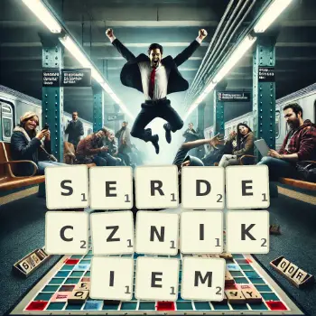 Kreatywna ilustracja do gry w Scrabble ze słowem SERDECZNIKIEM ułożonym z płytek na planszy.