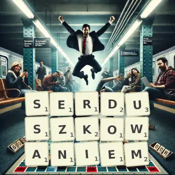 Kreatywna ilustracja do gry w Scrabble ze słowem SERDUSZKOWANIEM ułożonym z płytek na planszy.