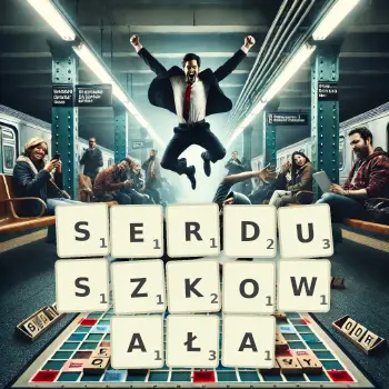 Kreatywna ilustracja do gry w Scrabble ze słowem SERDUSZKOWAŁA ułożonym z płytek na planszy.