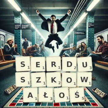 Kreatywna ilustracja do gry w Scrabble ze słowem SERDUSZKOWAŁOŚ ułożonym z płytek na planszy.