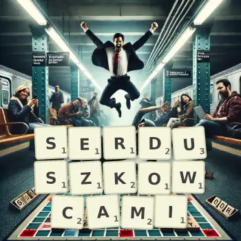 Kreatywna ilustracja do gry w Scrabble ze słowem SERDUSZKOWCAMI ułożonym z płytek na planszy.