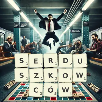 Kreatywna ilustracja do gry w Scrabble ze słowem SERDUSZKOWCÓW ułożonym z płytek na planszy.