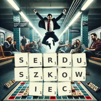 Kreatywna ilustracja do gry w Scrabble ze słowem SERDUSZKOWIEC ułożonym z płytek na planszy.