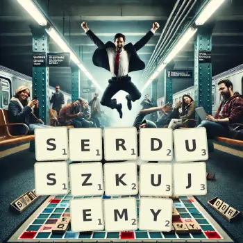 Kreatywna ilustracja do gry w Scrabble ze słowem SERDUSZKUJEMY ułożonym z płytek na planszy.