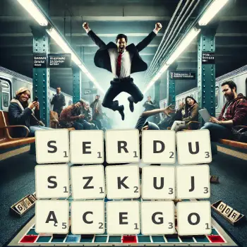 Kreatywna ilustracja do gry w Scrabble ze słowem SERDUSZKUJĄCEGO ułożonym z płytek na planszy.