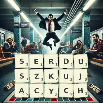 Kreatywna ilustracja do gry w Scrabble ze słowem SERDUSZKUJĄCYCH ułożonym z płytek na planszy.