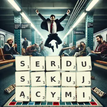 Kreatywna ilustracja do gry w Scrabble ze słowem SERDUSZKUJĄCYMI ułożonym z płytek na planszy.