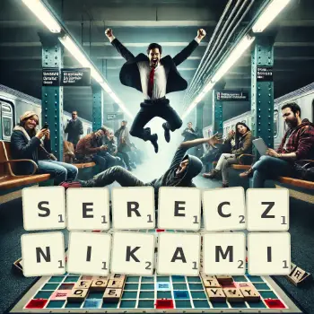 Kreatywna ilustracja do gry w Scrabble ze słowem SERECZNIKAMI ułożonym z płytek na planszy.