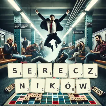 Kreatywna ilustracja do gry w Scrabble ze słowem SERECZNIKÓW ułożonym z płytek na planszy.