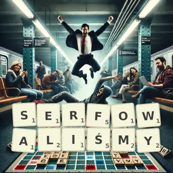 Kreatywna ilustracja do gry w Scrabble ze słowem SERFOWALIŚMY ułożonym z płytek na planszy.